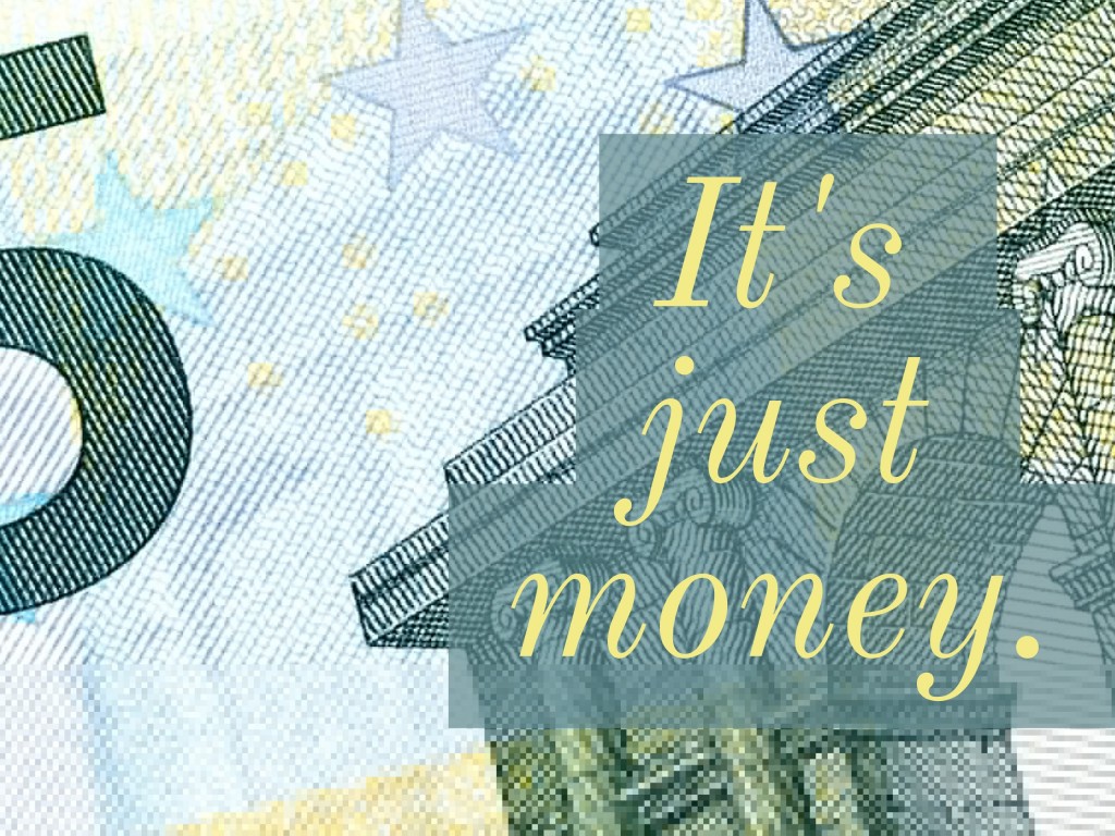 "It's just money" caption placed over a close up of a 5 euro bill. Investing podcast Money For the Rest of Us.