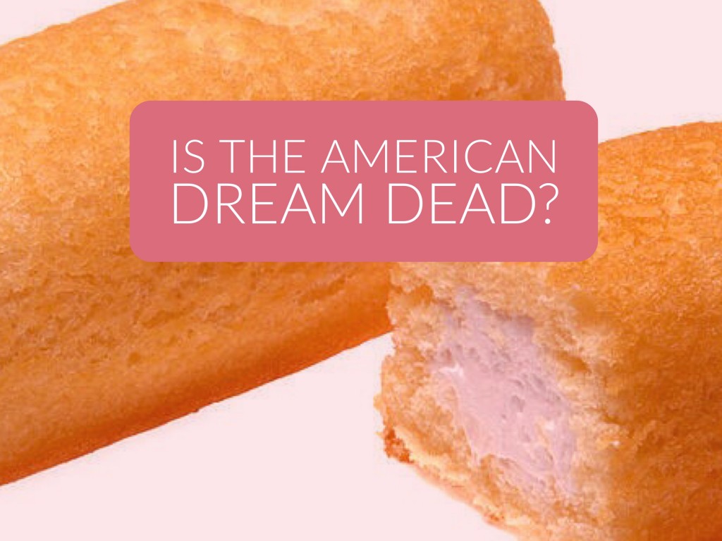 Close up of a whole and cut in half Hostess Twinkie. Caption saying "Is the American Dream Dead?" Taken by Evan-Amos