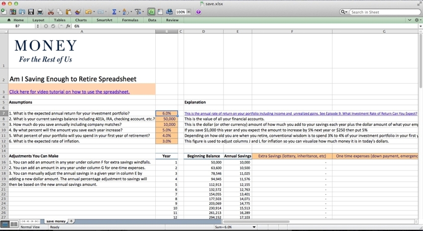 Money For the Rest of Us' Am I Saving Enough to Retire Spreadsheet