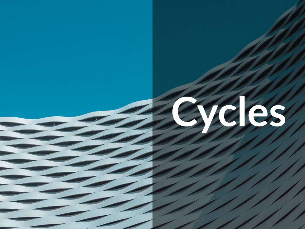 Circular woven shaped building in Frankfurt Germany with blue skies. Caption says "cycles." Investing. By Maarten Deckers