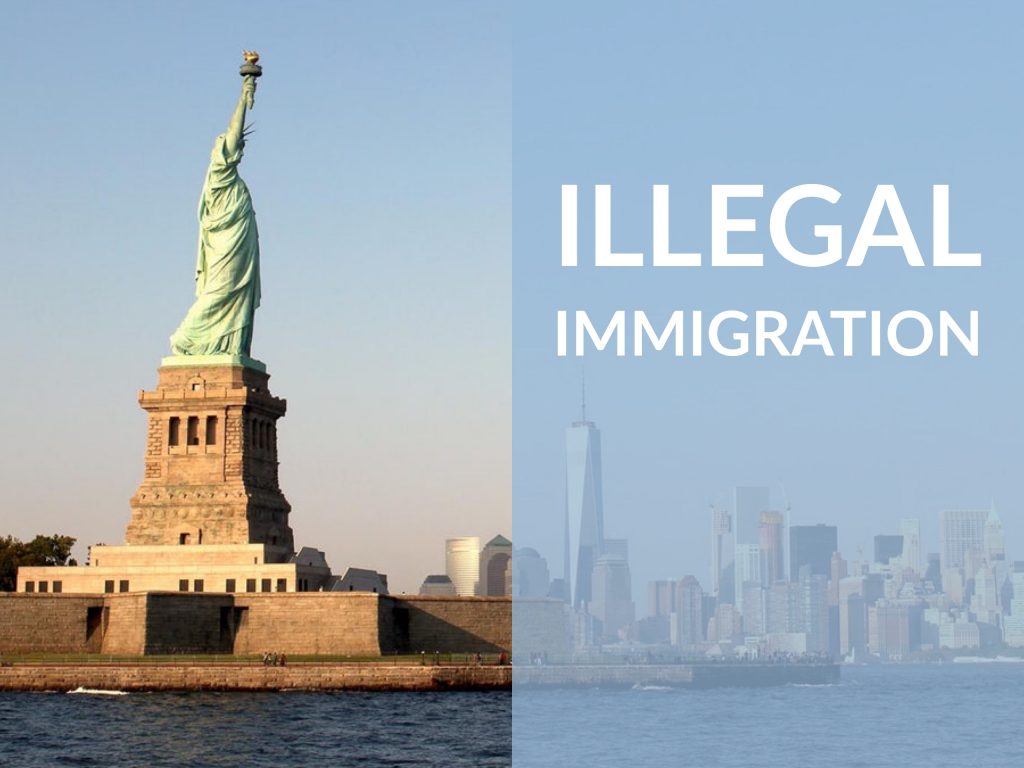 The Statue of Liberty in daytime viewed from the side with captions saying "Illegal Immigration." Money For the Rest of Us.