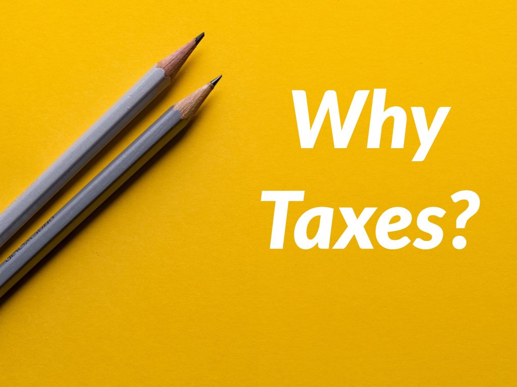 Two grey pencils on an orange backdrop with words saying "Why Taxes" for Investing Podcast Money for the Rest of Us