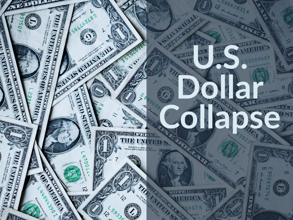 A pile of dollar bills with caption "U.S. Dollar Collapse"—David Stein Money for the Rest of Us investing podcast.