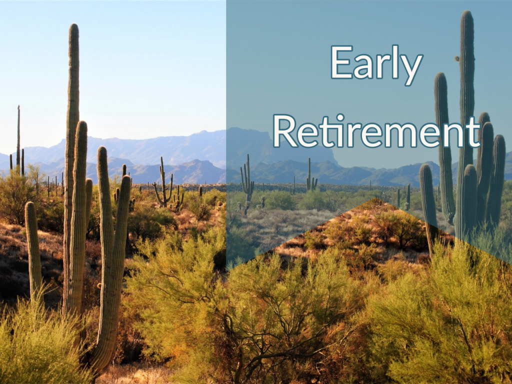 Desert and cactus with mountains and with text "Early Retirement" for episode Do You Have Enough to Retire (FIRE Edition)