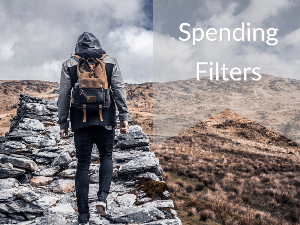 Man with a backpack and good walking on a stone wall with a caption saying "Spending Filters." Money For the Rest of Us