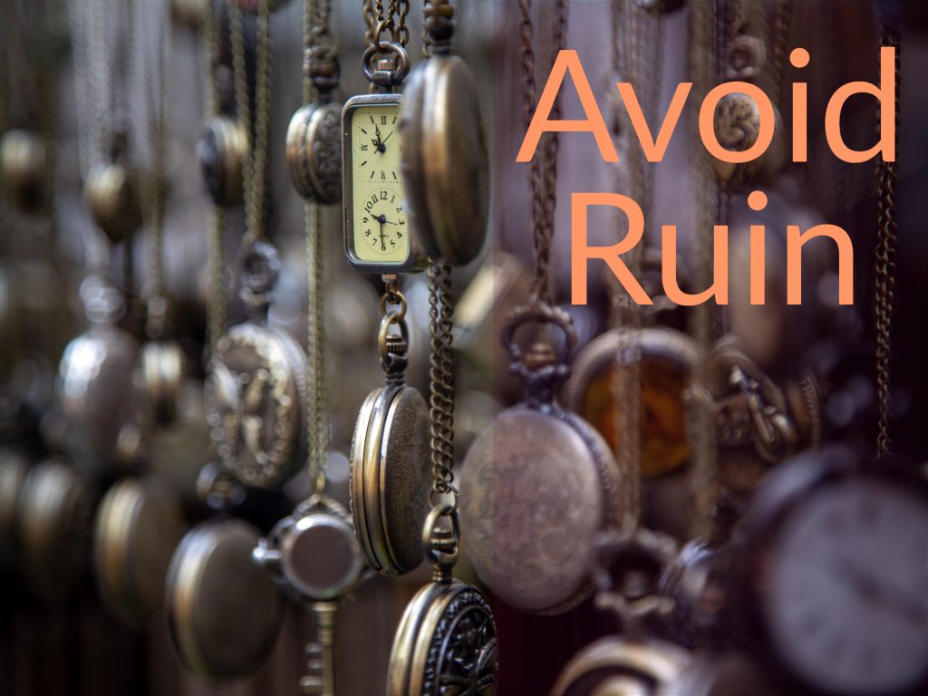 A line of old pocket watches hanging in a New York shop. Caption says "Avoid Ruin." Money For the Rest of Us Podcast