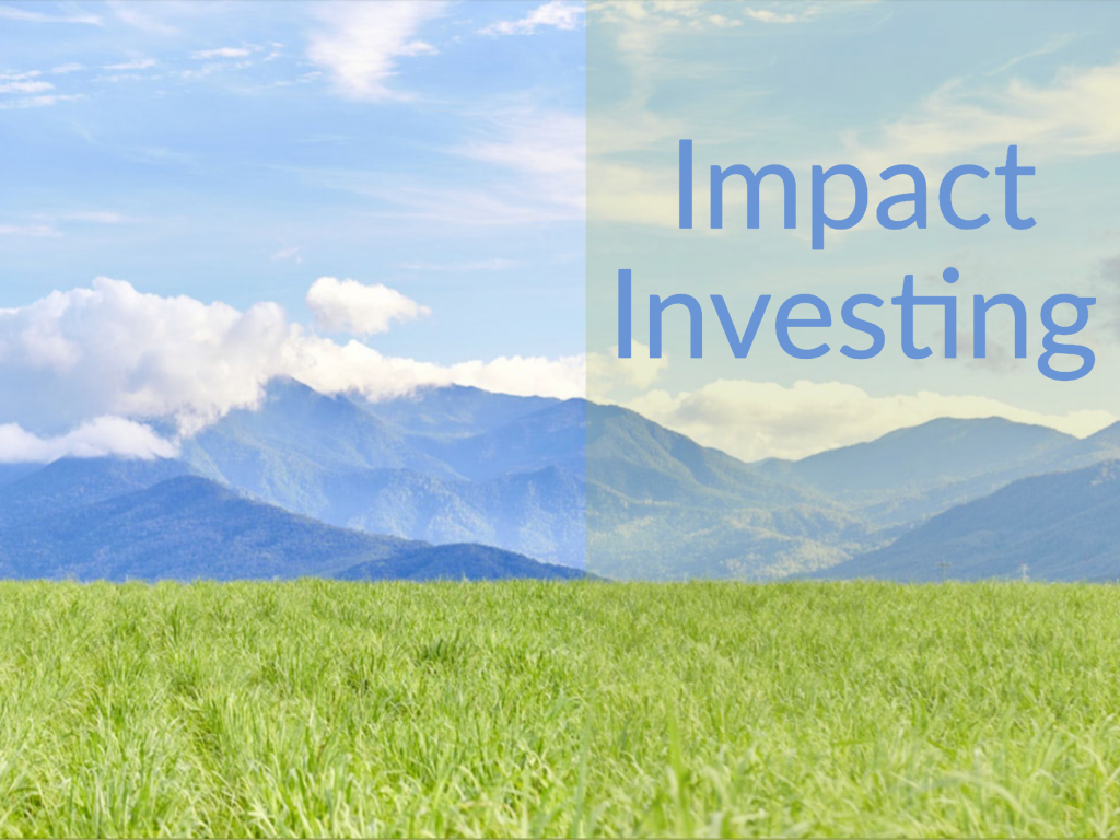 Green field with lush mountains and blue sky with clouds. Caption saying "Impact Investing."