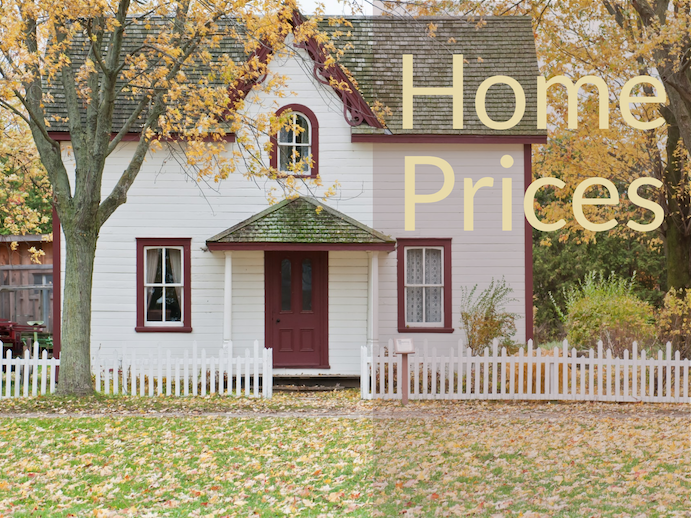 House in the fall. Words say "Home Prices"