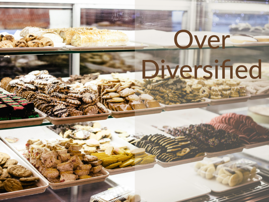 Shelves of cookies and pastries with text that says "over diversified". For Money For the Rest of Us with David Stein