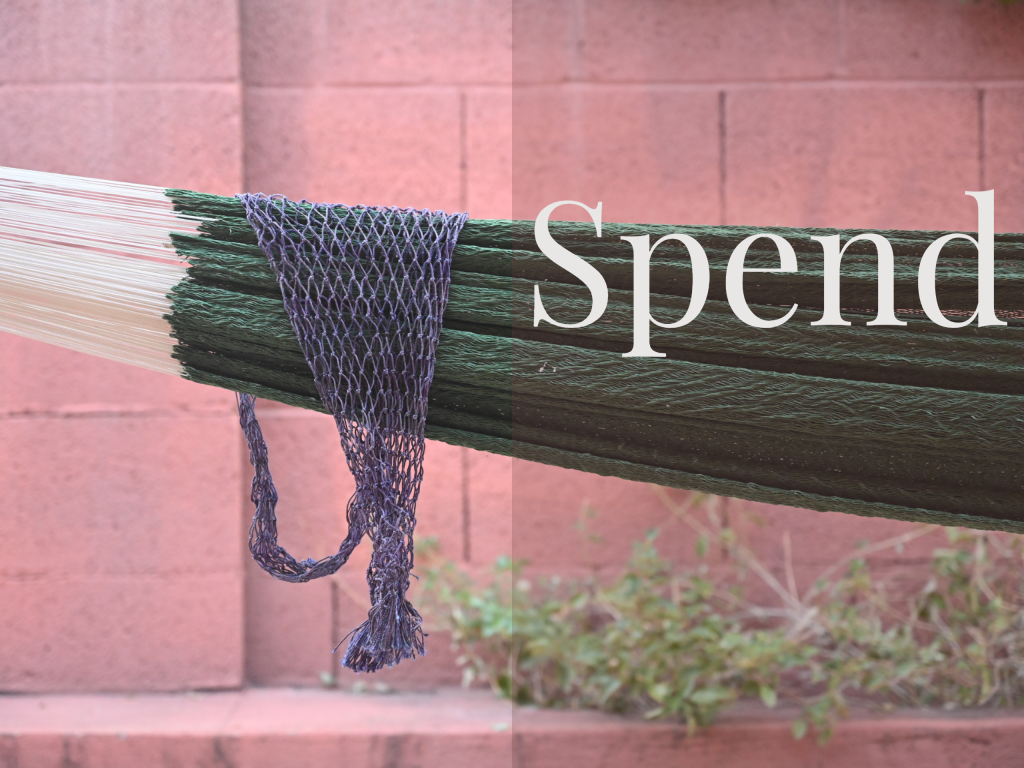 A green and blue hammock in front of a red wall with the caption "Spend." Money For the Rest of Us Investing Podcast.
