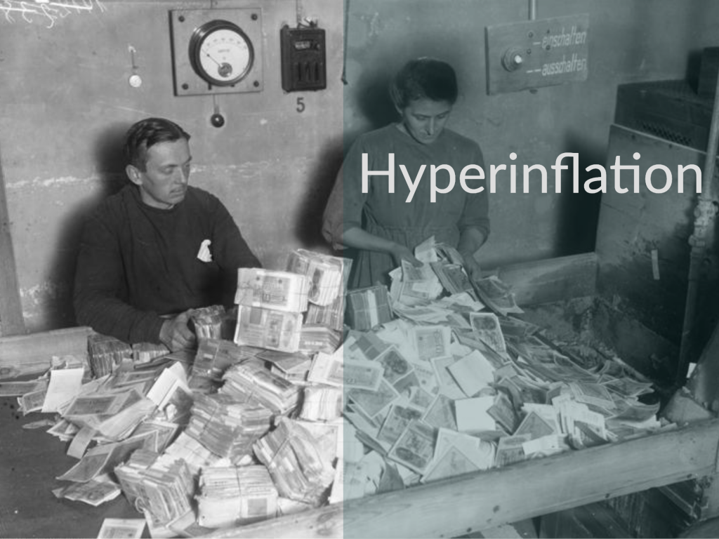 People looking at a huge pile of cash during hyperinflation. Caption saying "Hyperinflation."