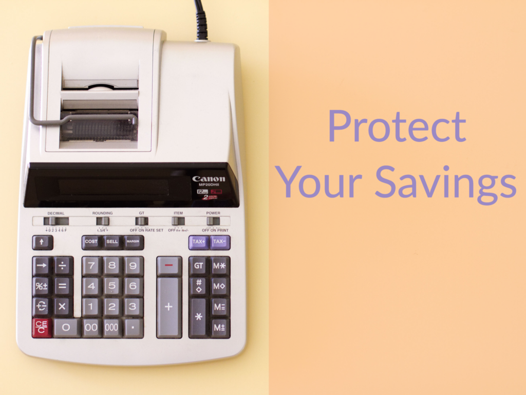 Canon ten key accounting calculator. Text says "Protect Your Savings."