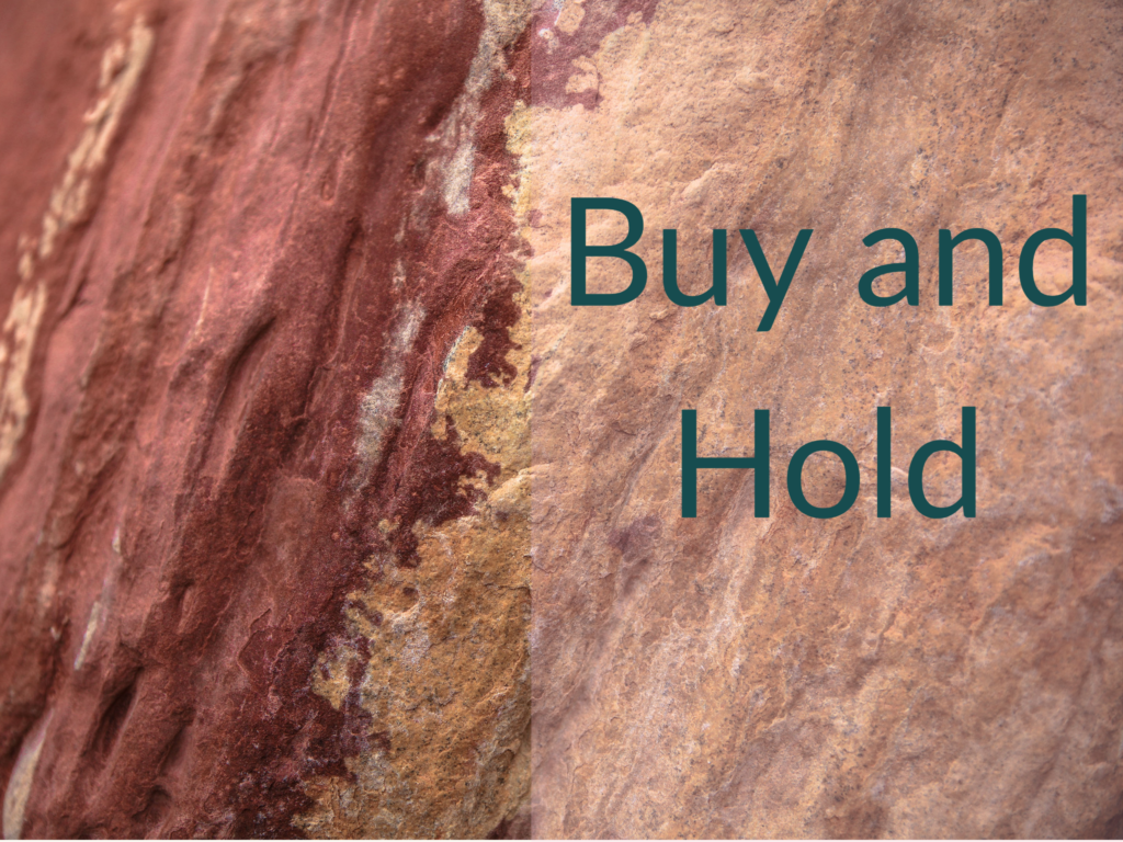 Red rock wall with words "Buy and Hold"