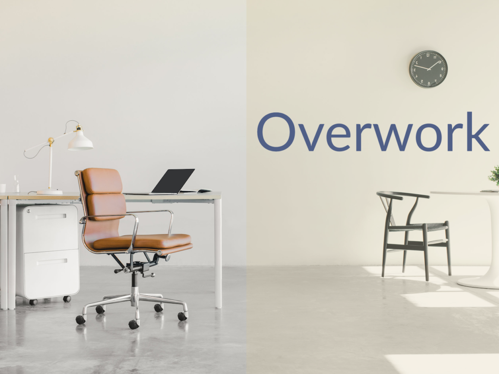 Empty office with caption "Overwork"