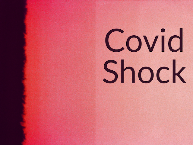 Red and black background with words "Covid Shock"