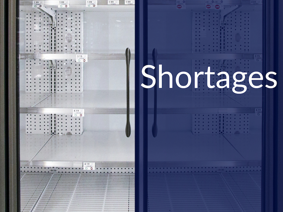 Empty grocery store fridge with caption "Shortages"