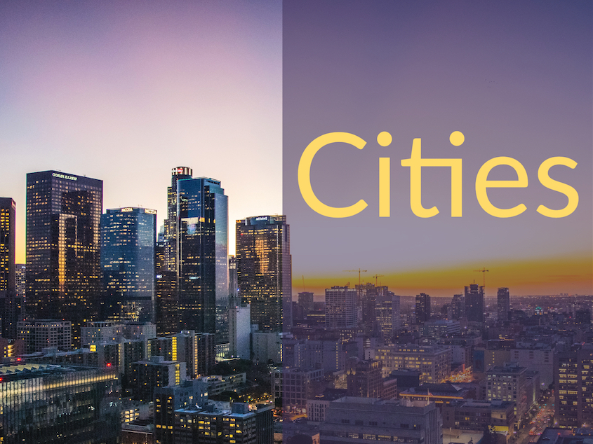 City skyline at sunset with caption "Cities"