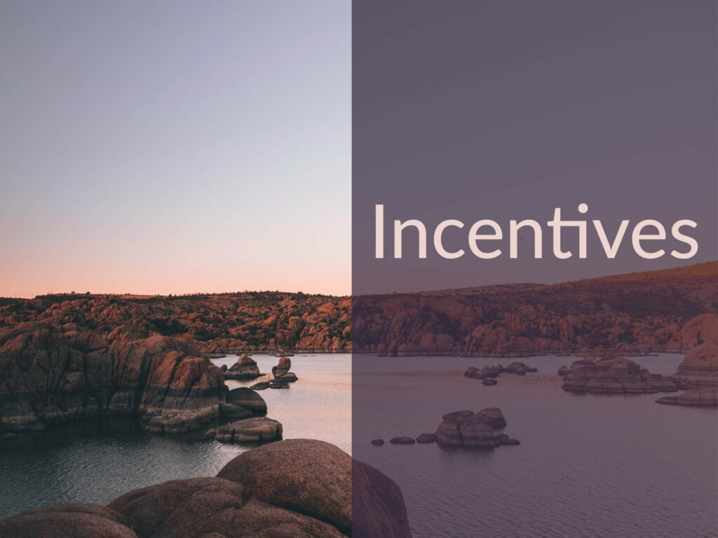 Arizona desert lake at sunset with caption "Incentives"