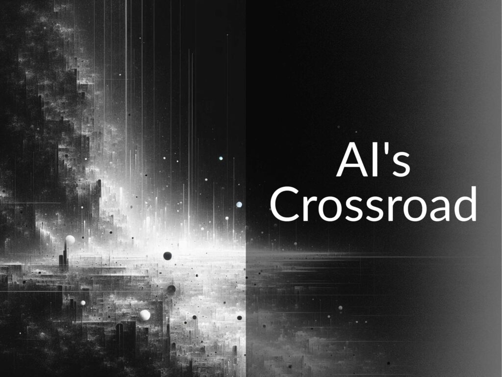 A black and white minimalist abstract piece of art with industrial and new wave space feeling. Caption says "AI's Crossroad"