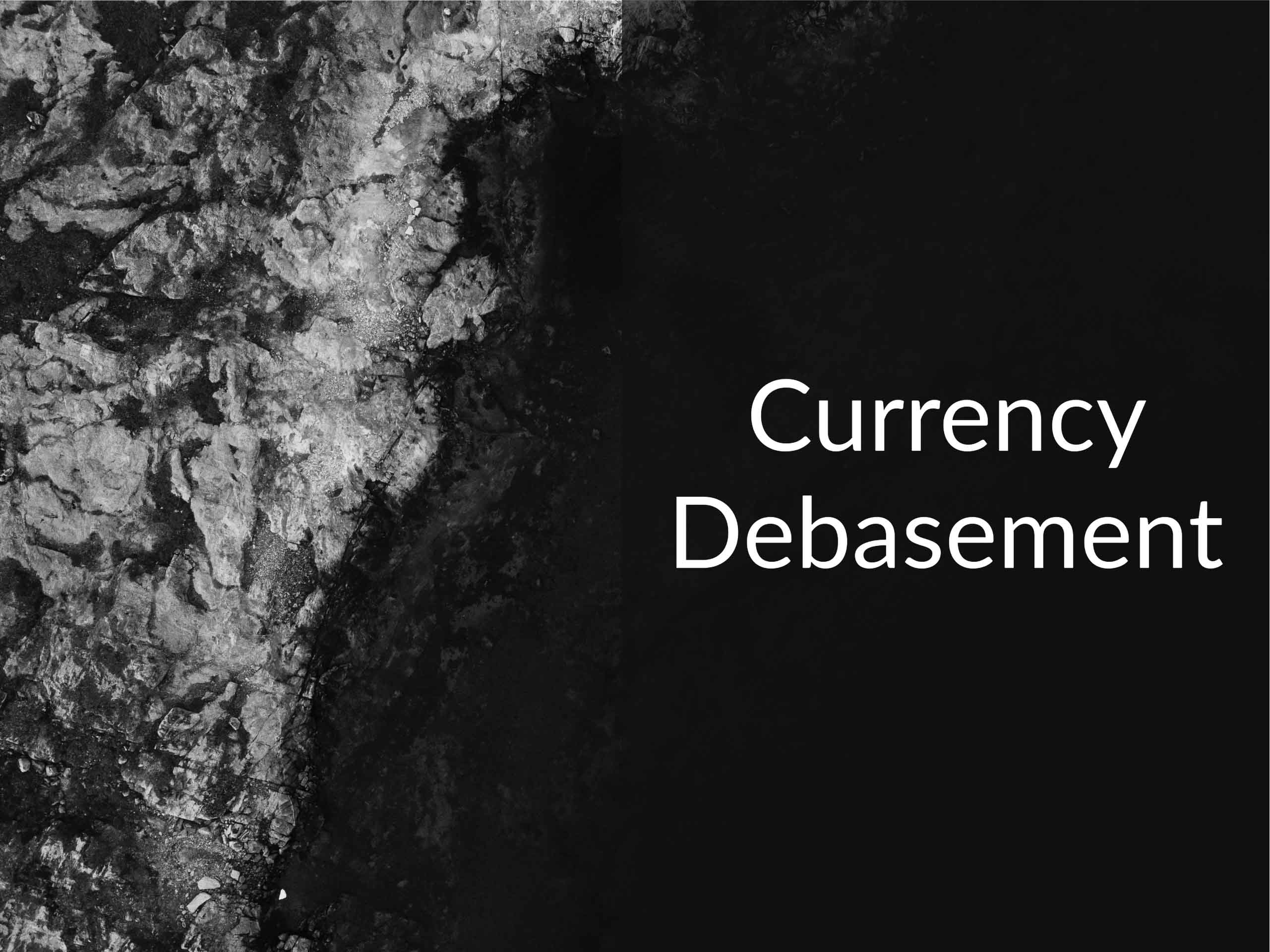 Dark water with a bit of land and the caption "Currency Debasement" 