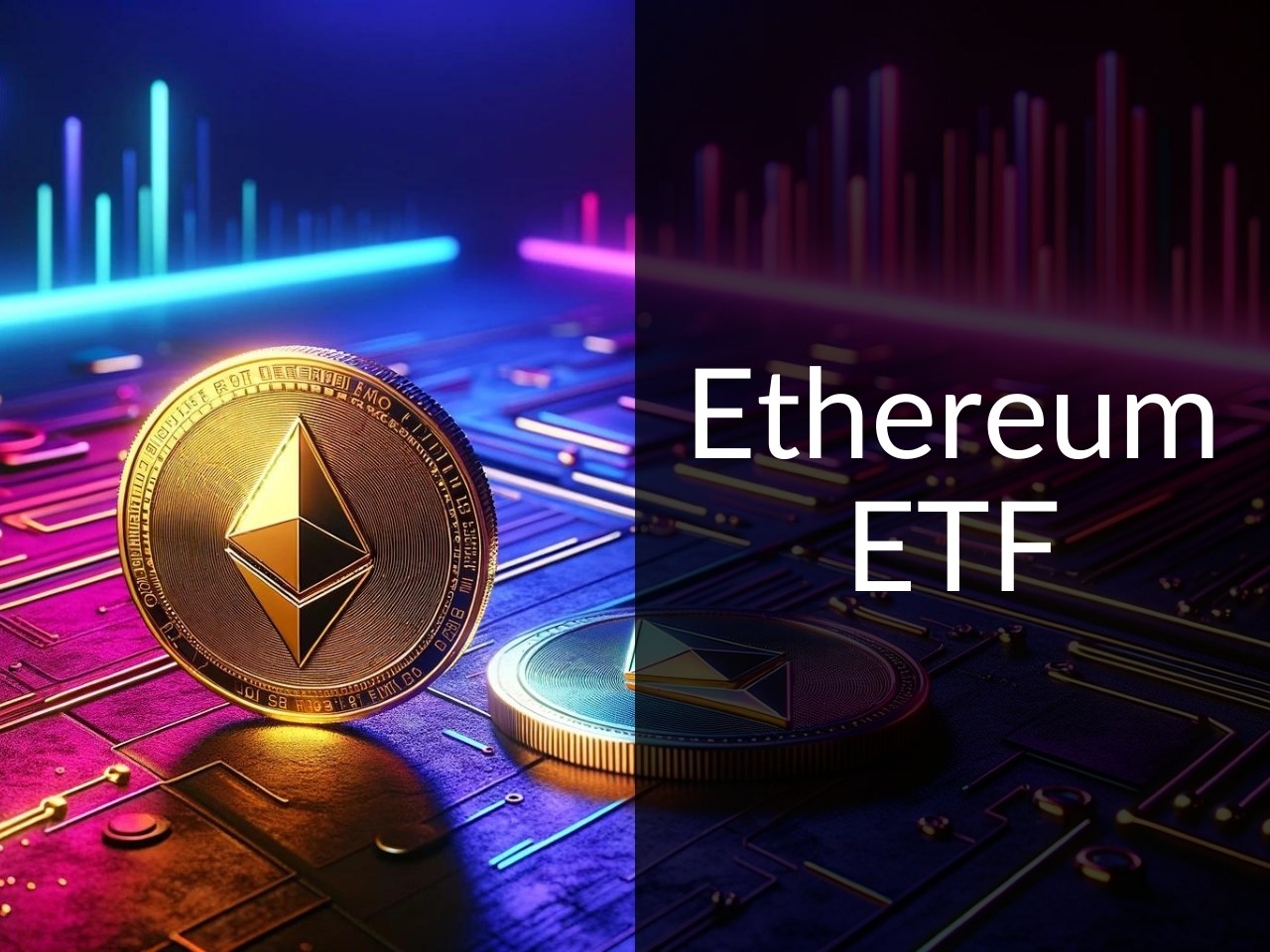 Neon circuit board with ethereum coins on it. Captions says  "Ethereum ETF"