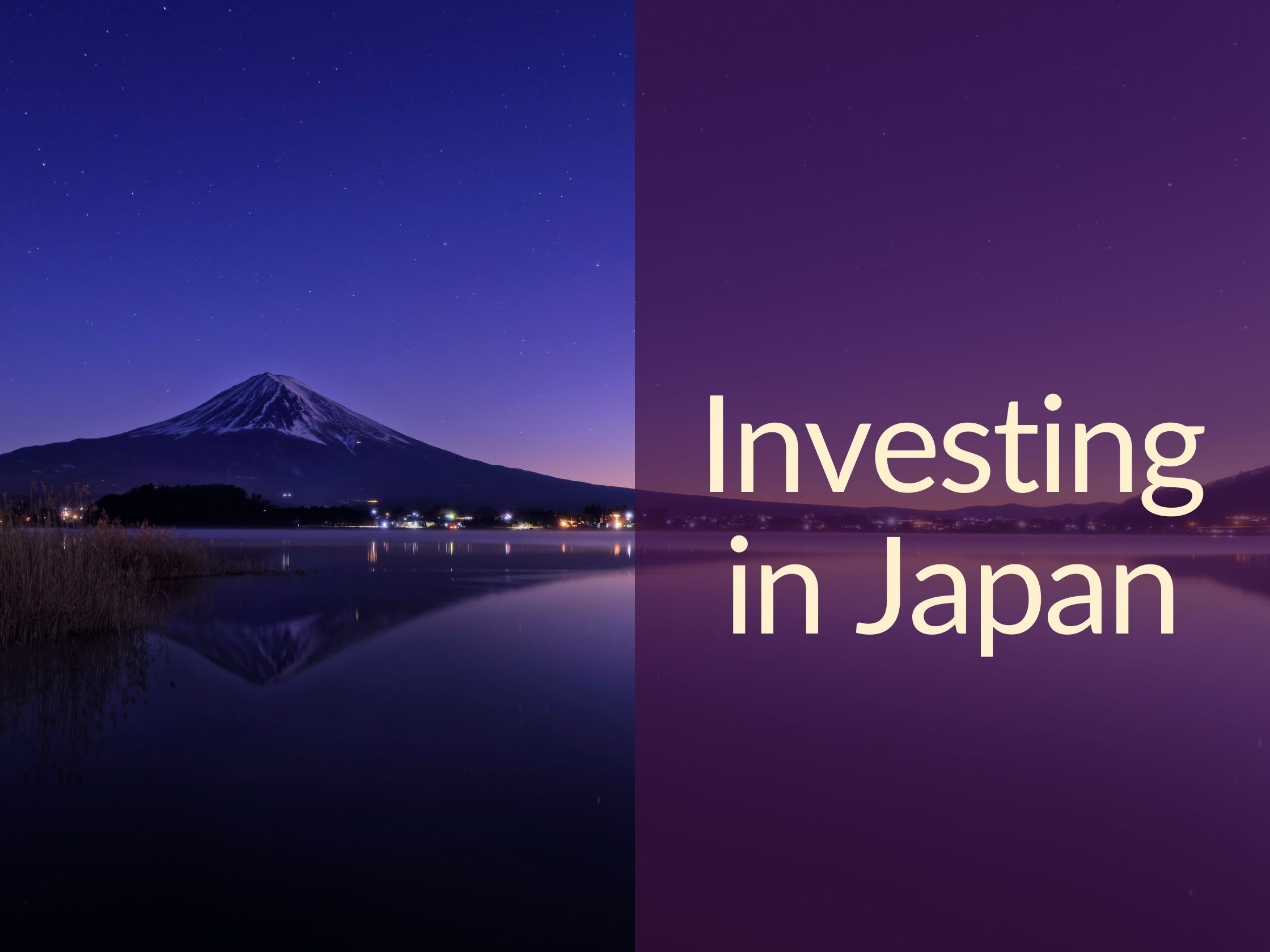 Episode cover image of Mt. Fuji against a purple twilight sky and reflected in a lake, with the title "Investing in Japan" to the side.