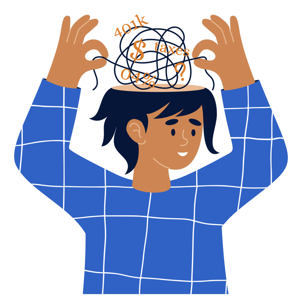 Person with tangled lines above head, representing tax confusion (401k, taxes, %).