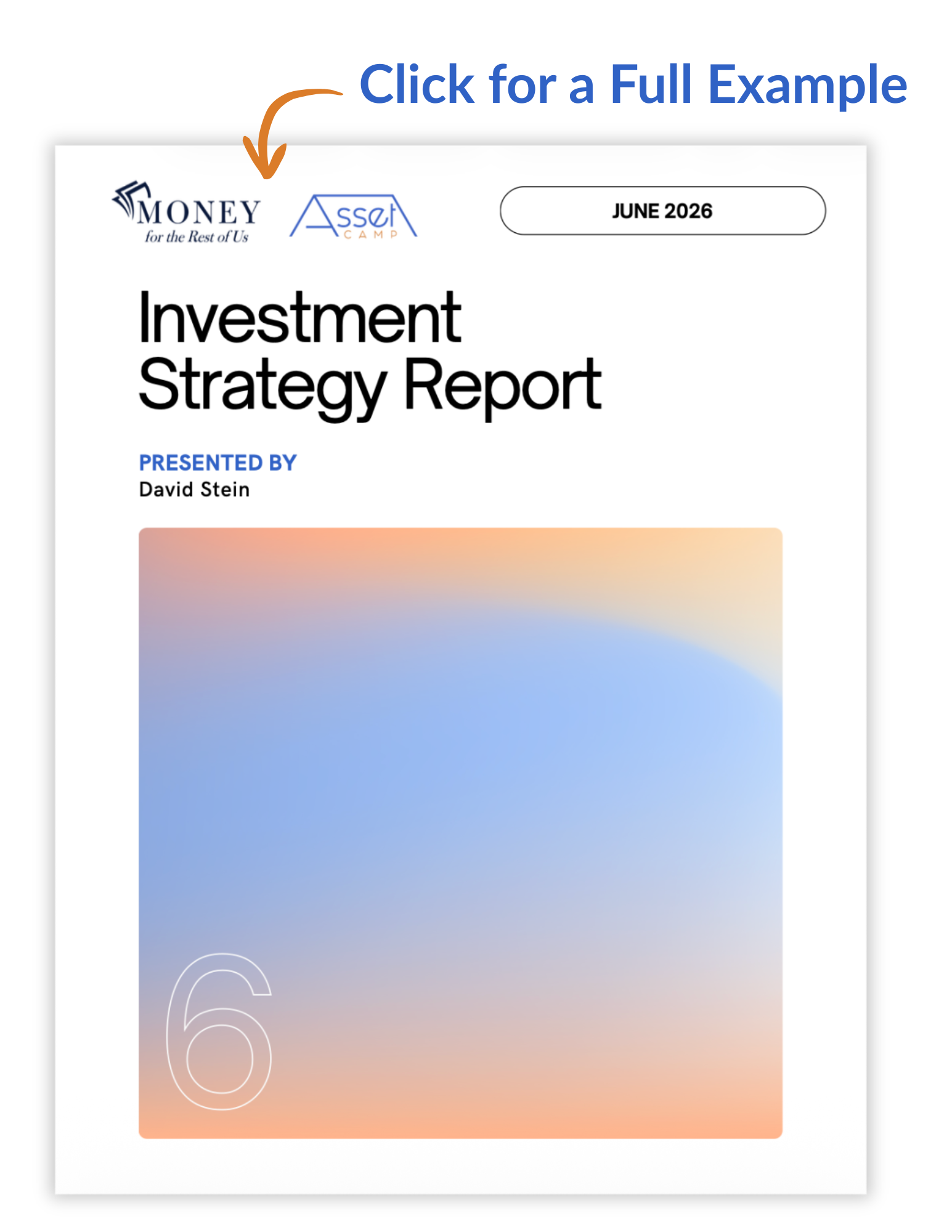 Cover slide for Investment Strategy Report with sponsor logos and June 2026 date, presented by David Stein, featuring a soft gradient graphic at the bottom.